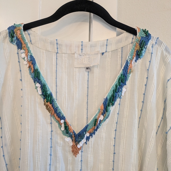 Duet White Sheer Beaded Embroidered Side Tie Dress. Size M/L - Picture 3 of 12